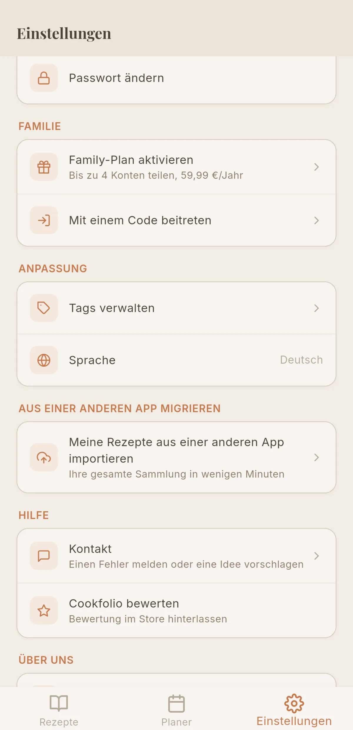 Kachel „Meine Rezepte aus einer anderen App importieren“ in den Cookfolio-Einstellungen