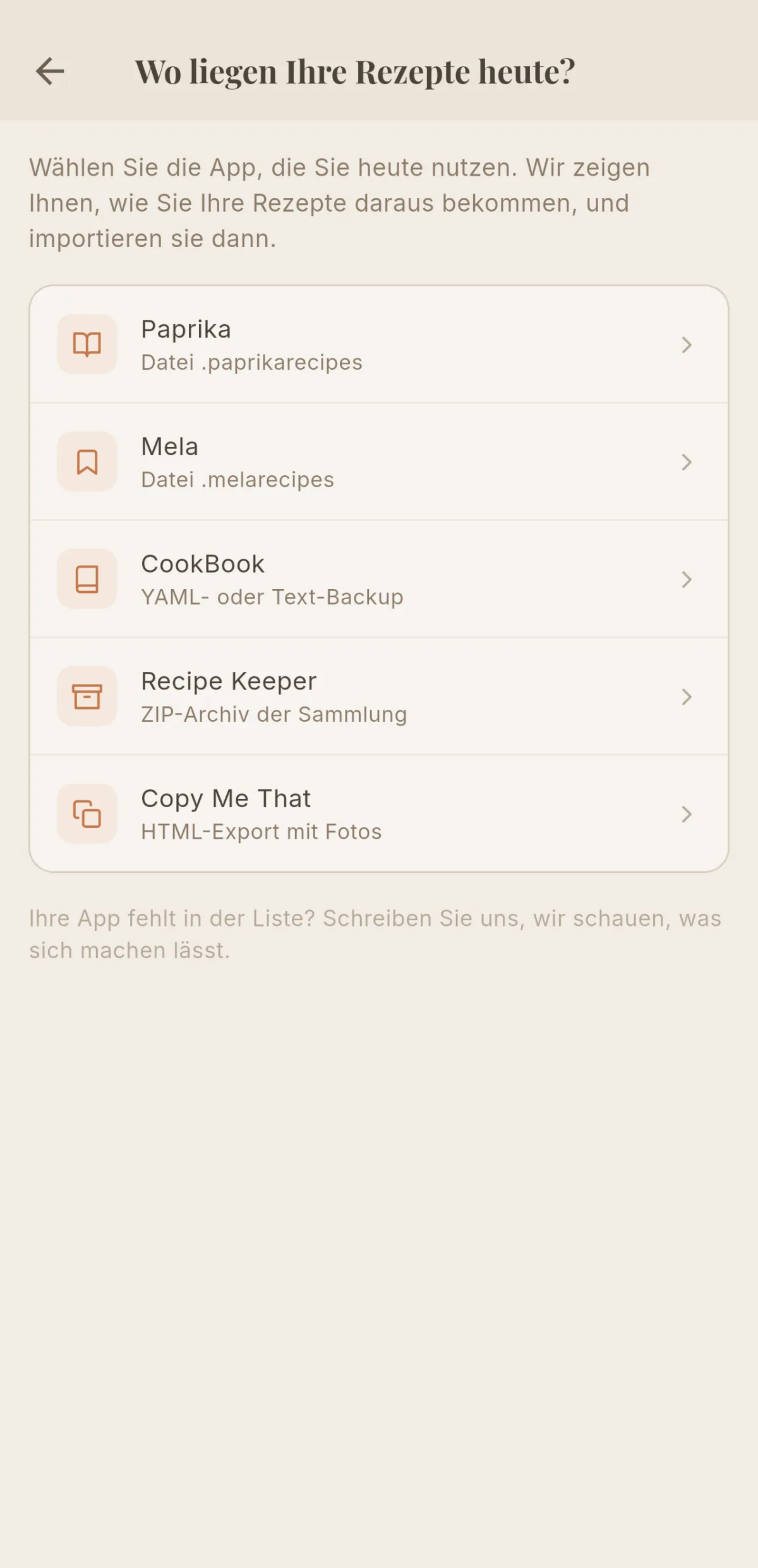 Liste der Apps, aus denen Sie importieren können, mit Copy Me That an letzter Stelle