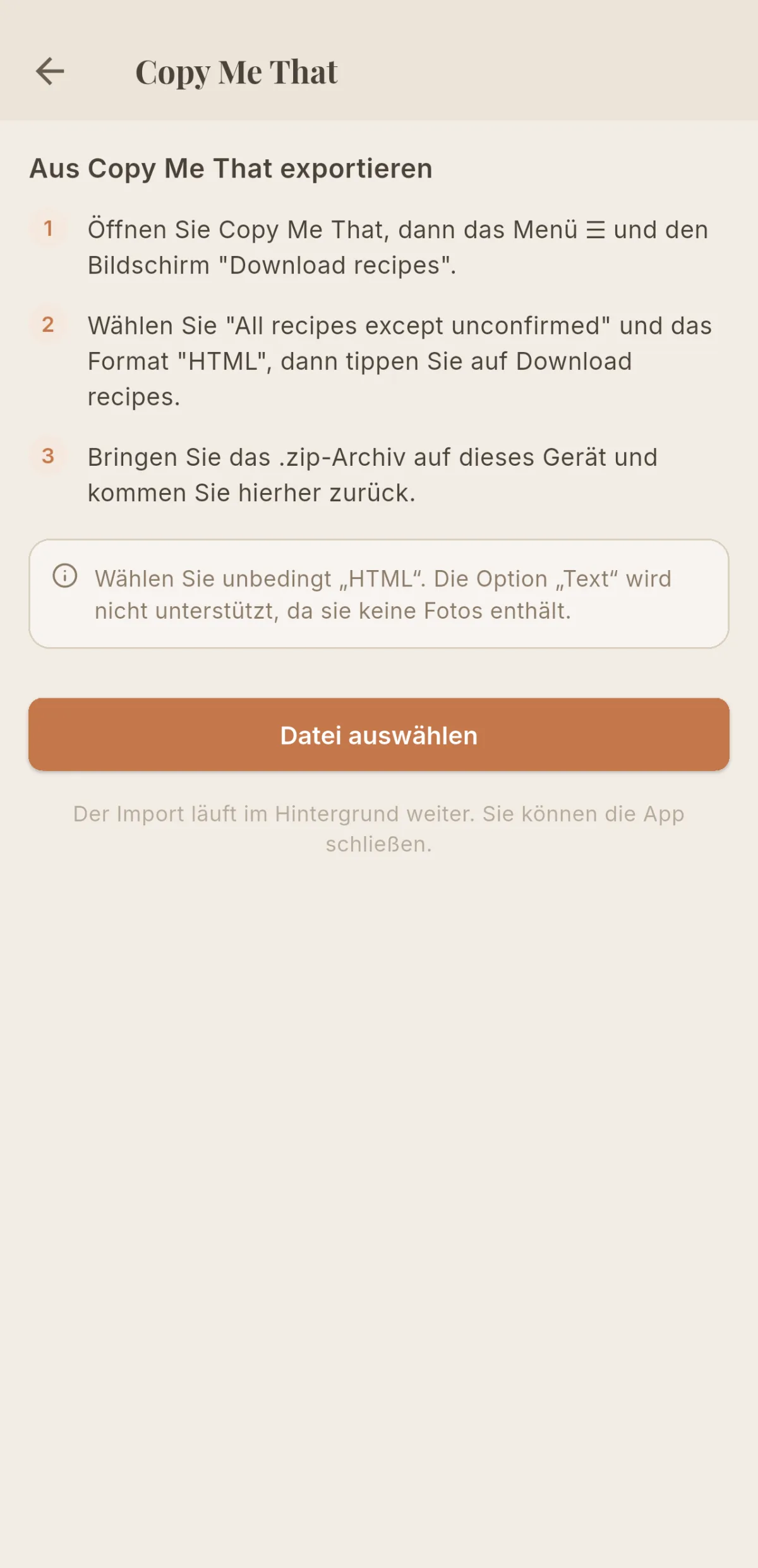 Copy-Me-That-Bildschirm in Cookfolio mit den drei Exportschritten und dem Hinweis auf das HTML-Format