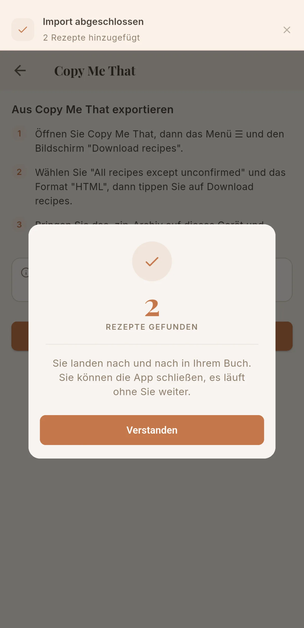 Bestätigung der gefundenen Rezepte und Banner „Import abgeschlossen“