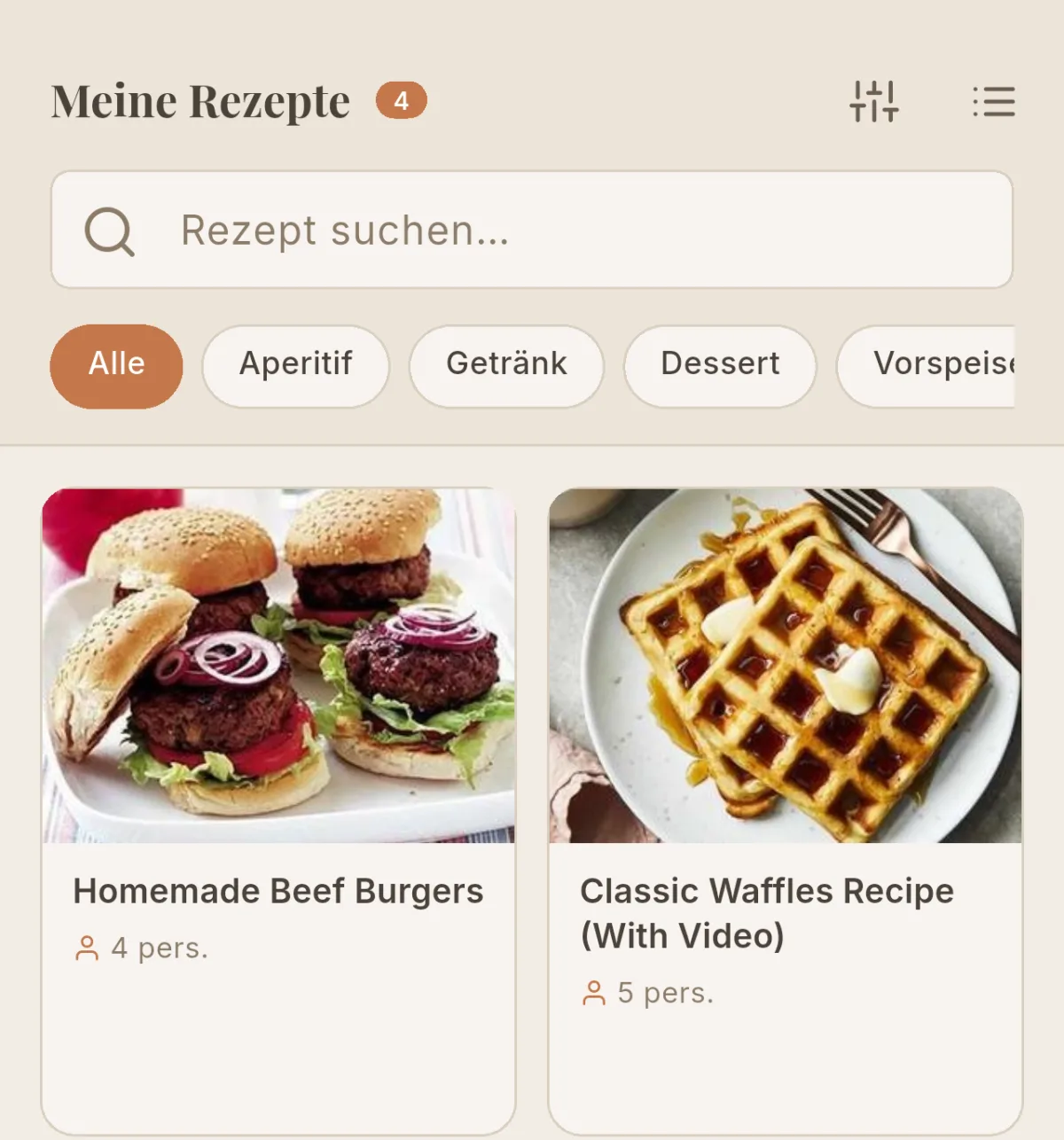 Cookfolio-Bildschirm „Meine Rezepte“ mit zwei aus Copy Me That importierten Rezepten