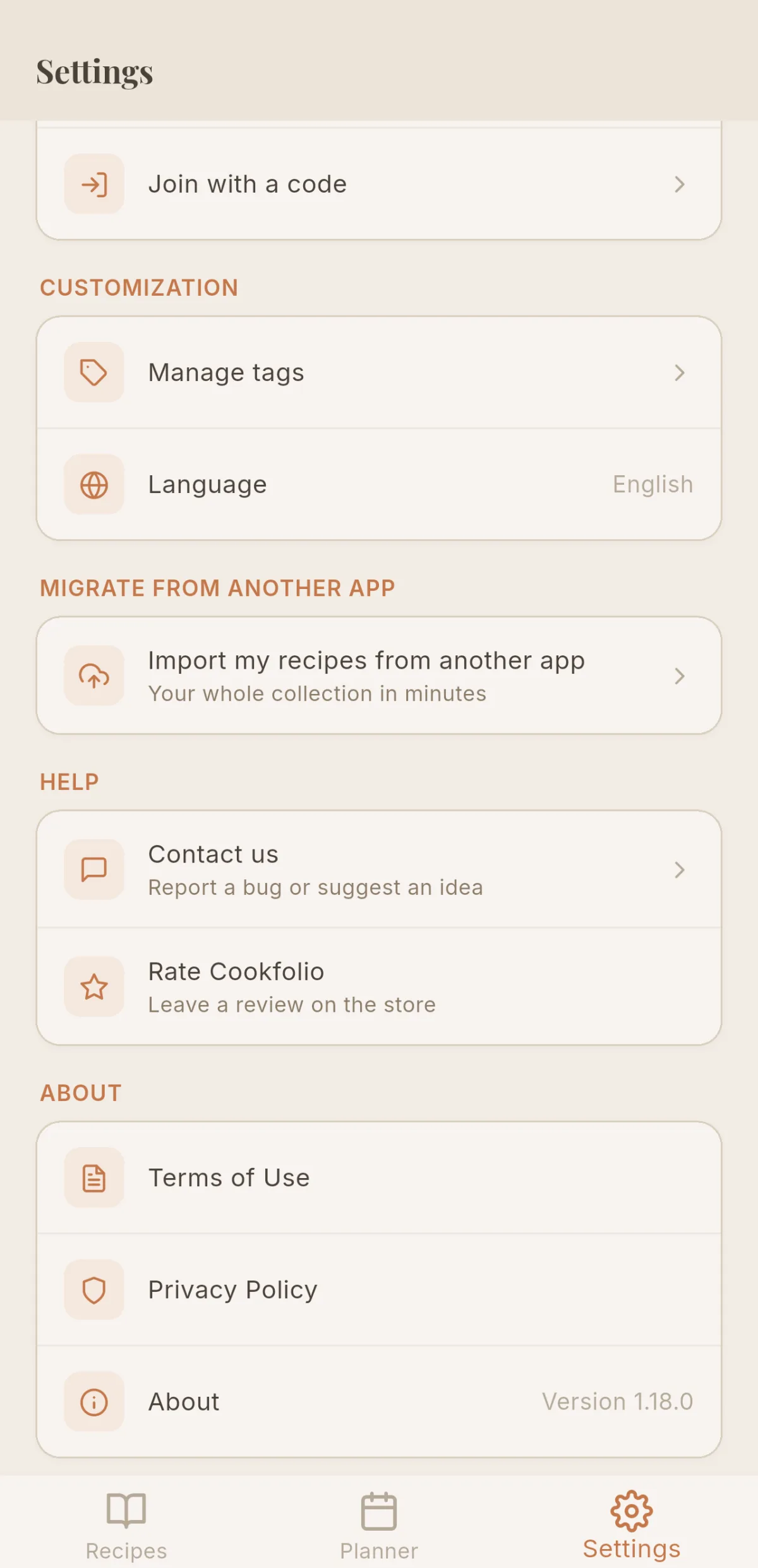 The "Import my recipes from another app" tile in Cookfolio settings