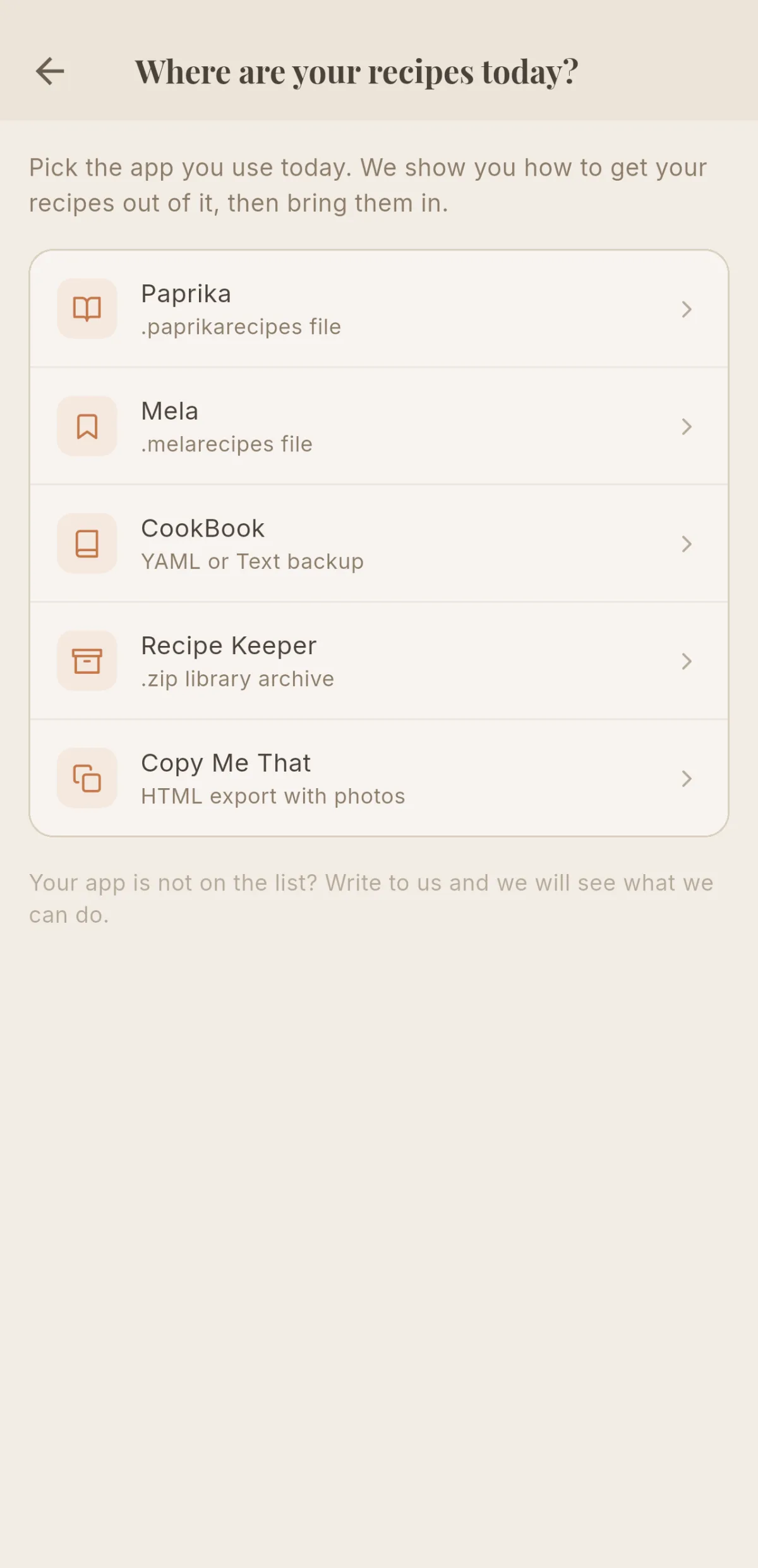 List of source apps to import from, with Copy Me That listed last