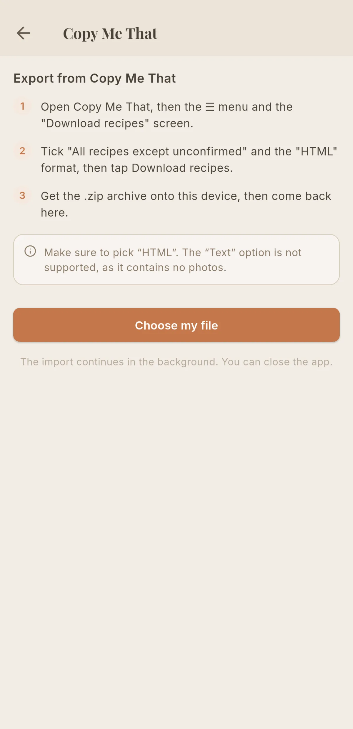 Cookfolio's Copy Me That screen, with the three export steps and a reminder to pick the HTML format