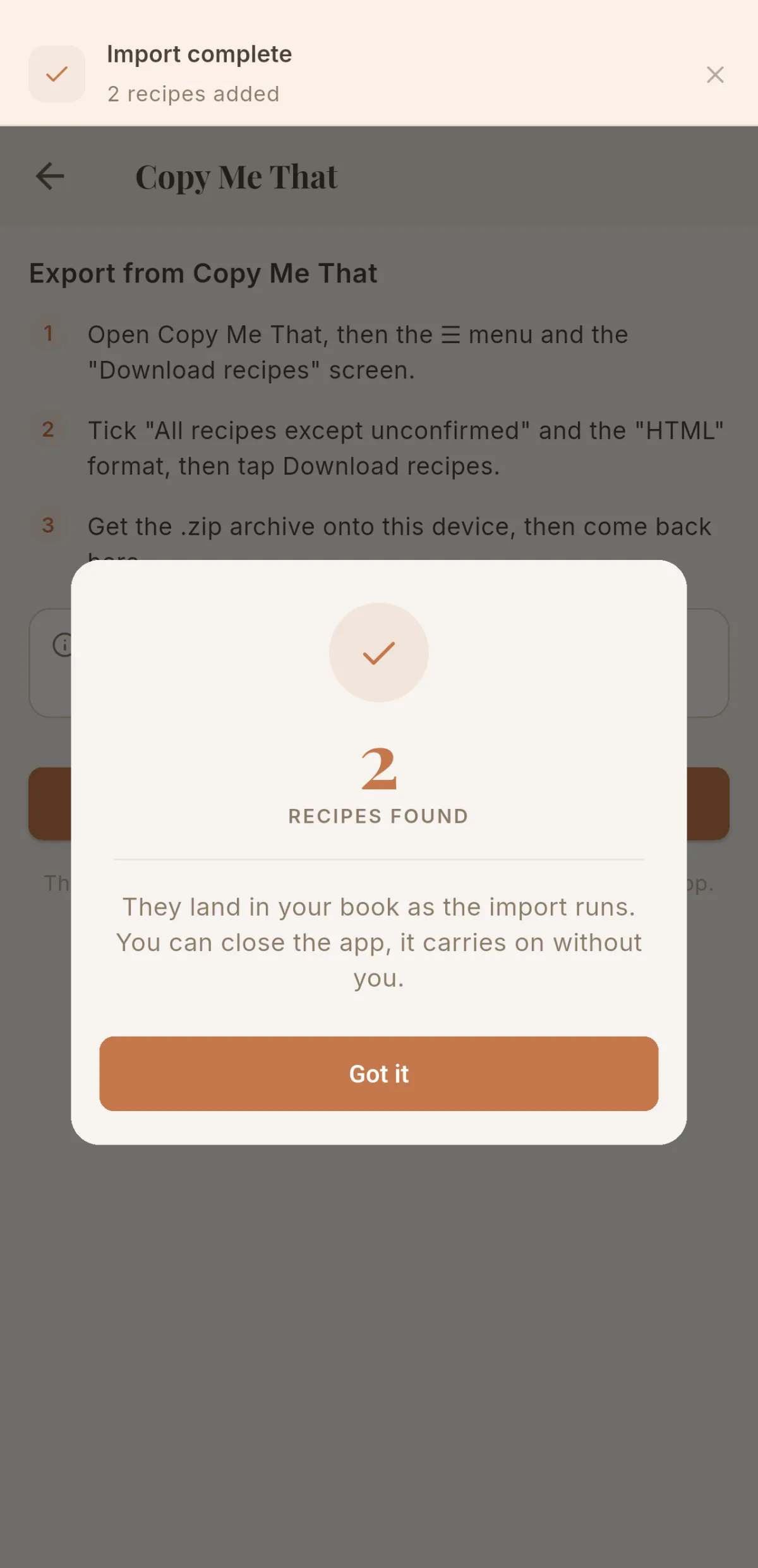 Confirmation of the recipes found, and the "Import complete" banner