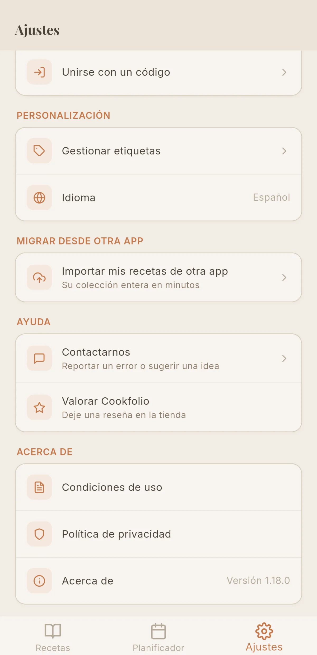 Opción «Importar mis recetas de otra app» en los ajustes de Cookfolio
