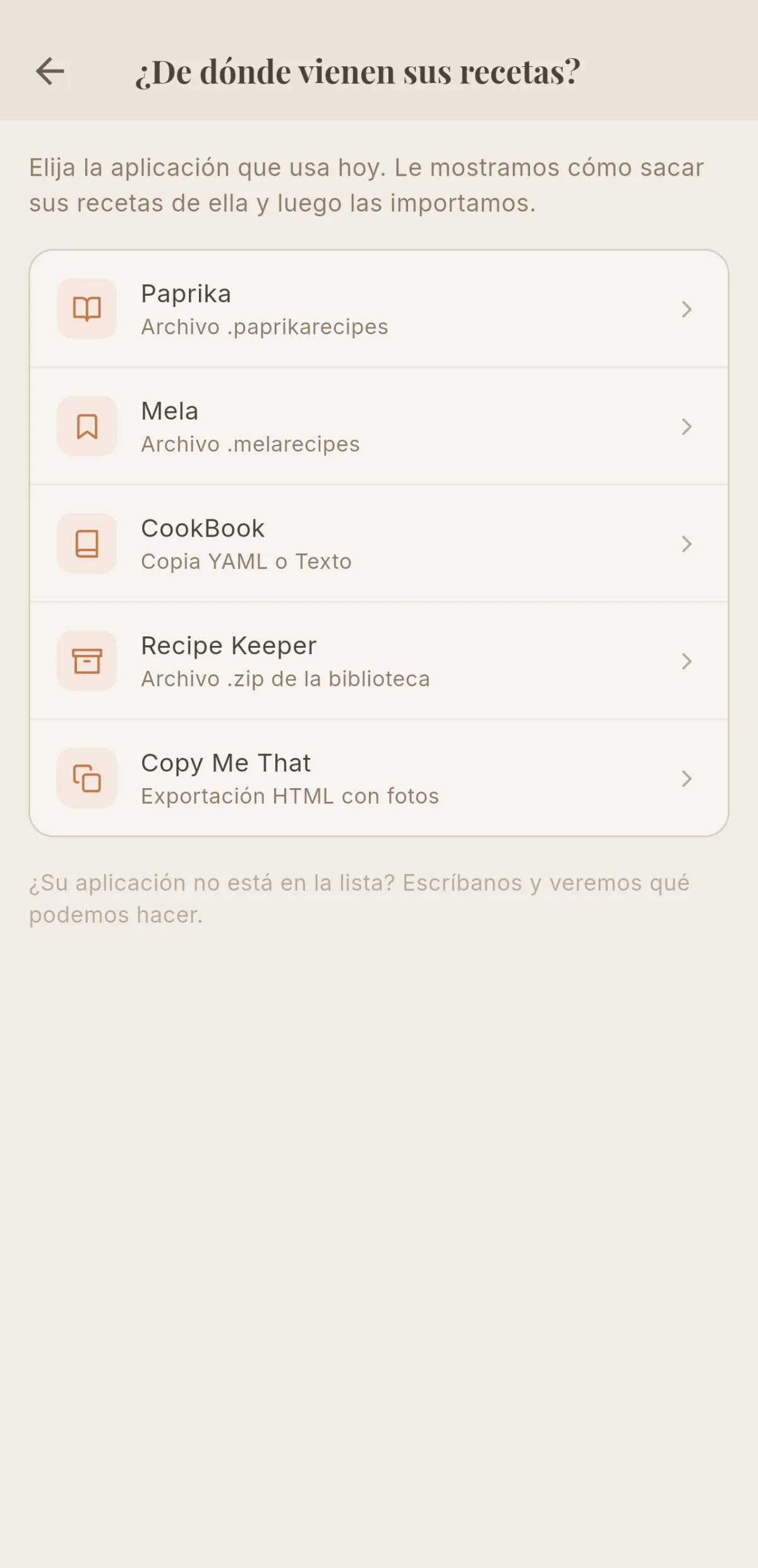 Lista de aplicaciones desde las que importar, con Copy Me That en última posición
