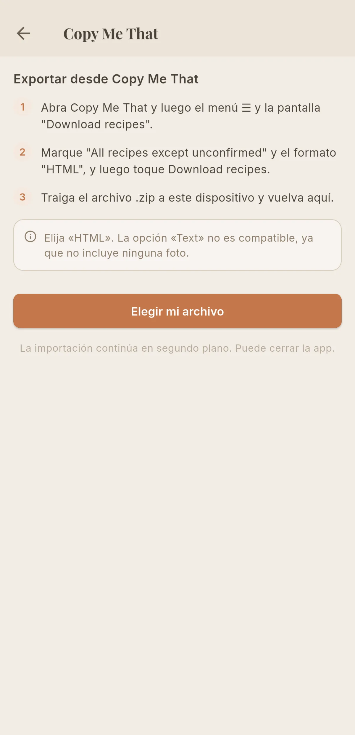 Pantalla de Copy Me That en Cookfolio, con los tres pasos de exportación y el recordatorio del formato HTML