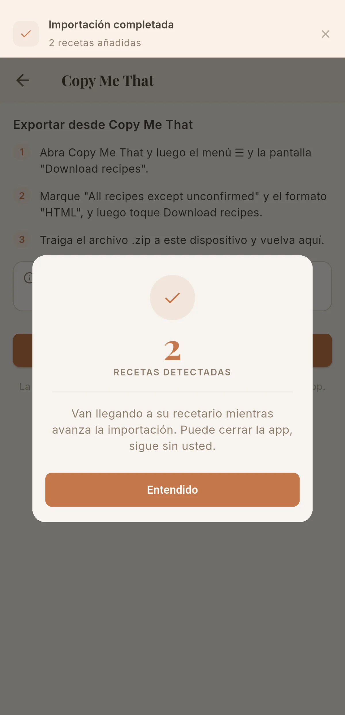 Confirmación de las recetas detectadas y banda «Importación completada»
