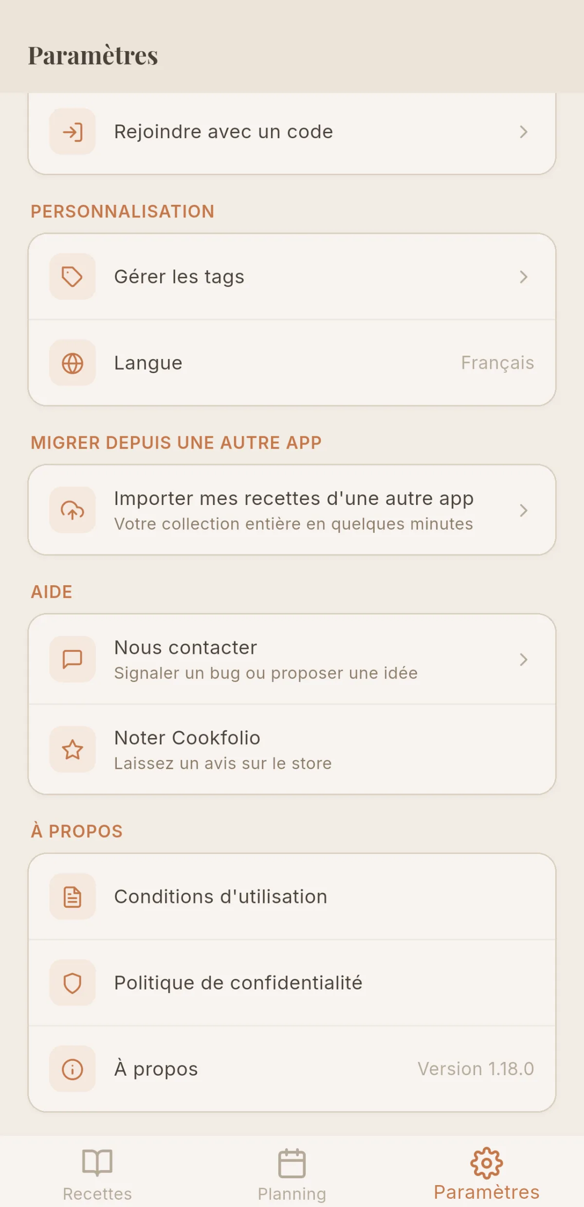 Tuile « Importer mes recettes d'une autre app » dans les paramètres de Cookfolio