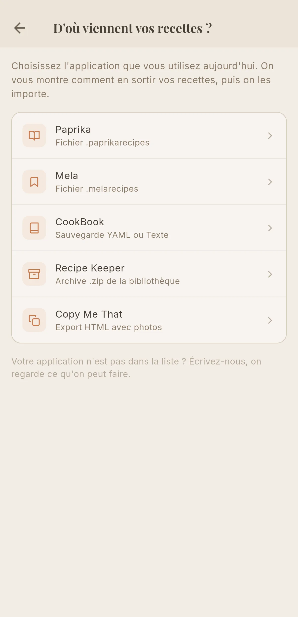 Liste des applications d'où importer, avec Copy Me That en dernière position