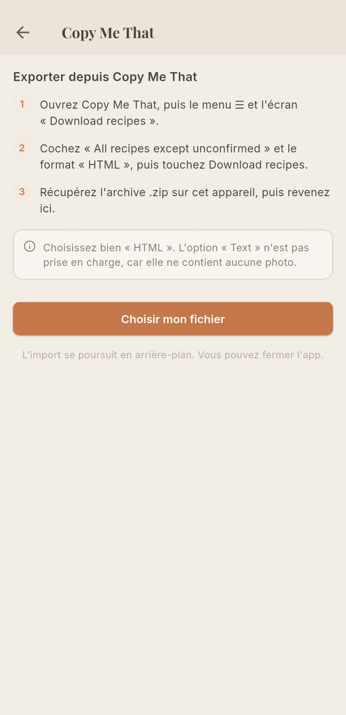 Écran Copy Me That de Cookfolio, avec les trois étapes d'export et le rappel du format HTML