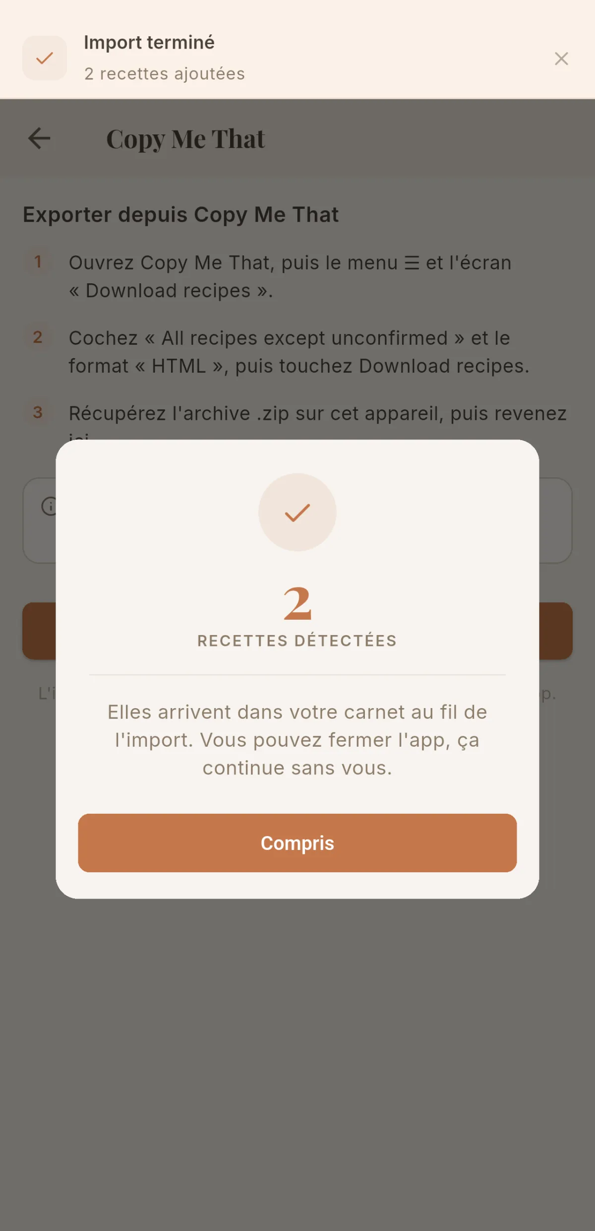 Confirmation des recettes détectées et bandeau « Import terminé »