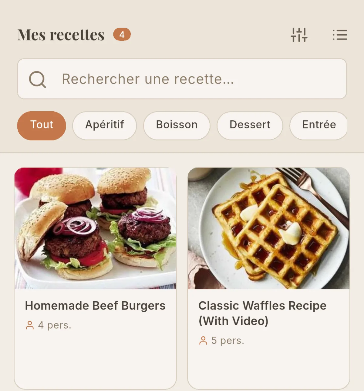 Bibliothèque Cookfolio avec deux recettes importées depuis Copy Me That