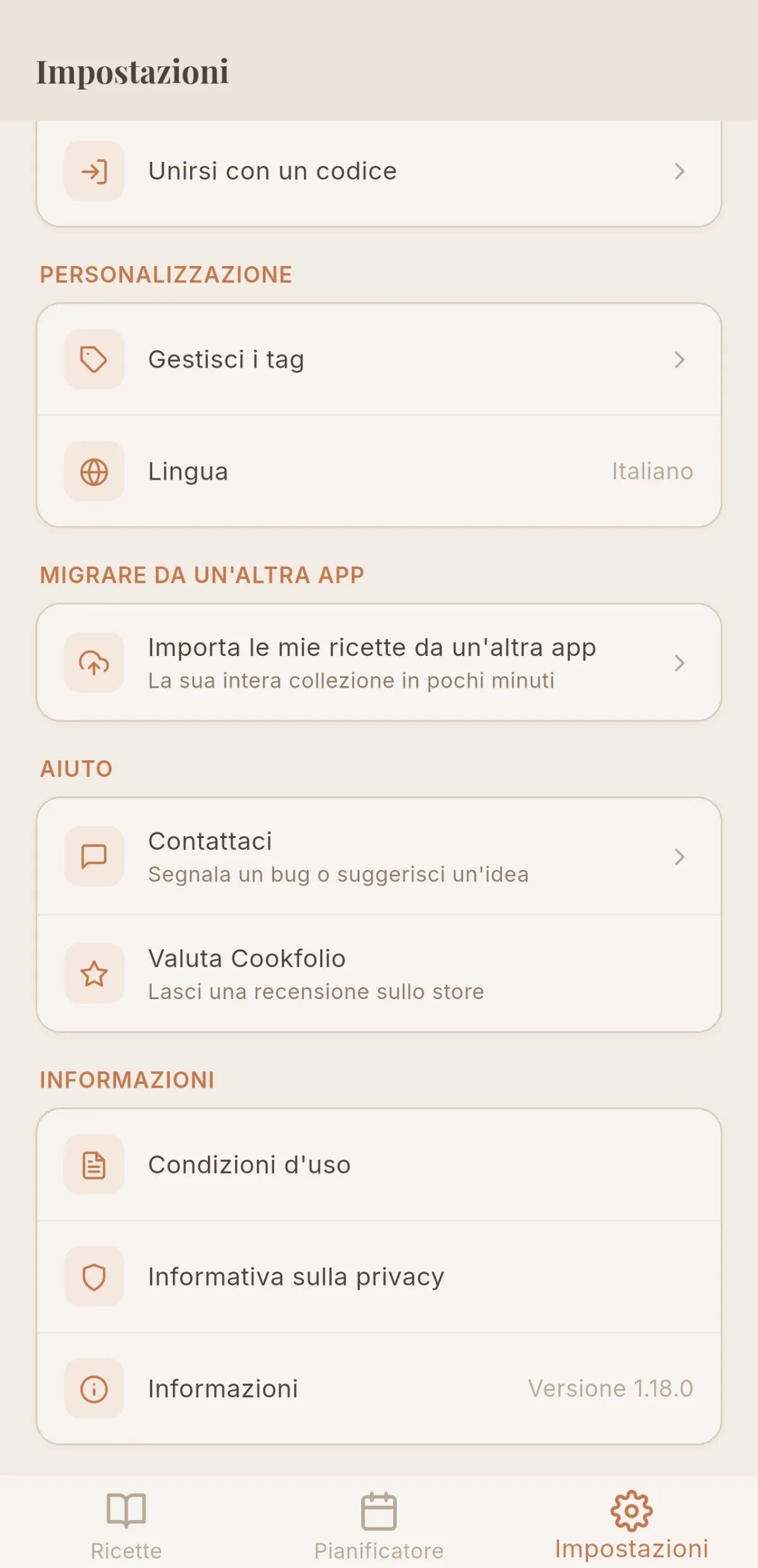 Riquadro «Importa le mie ricette da un'altra app» nelle impostazioni di Cookfolio