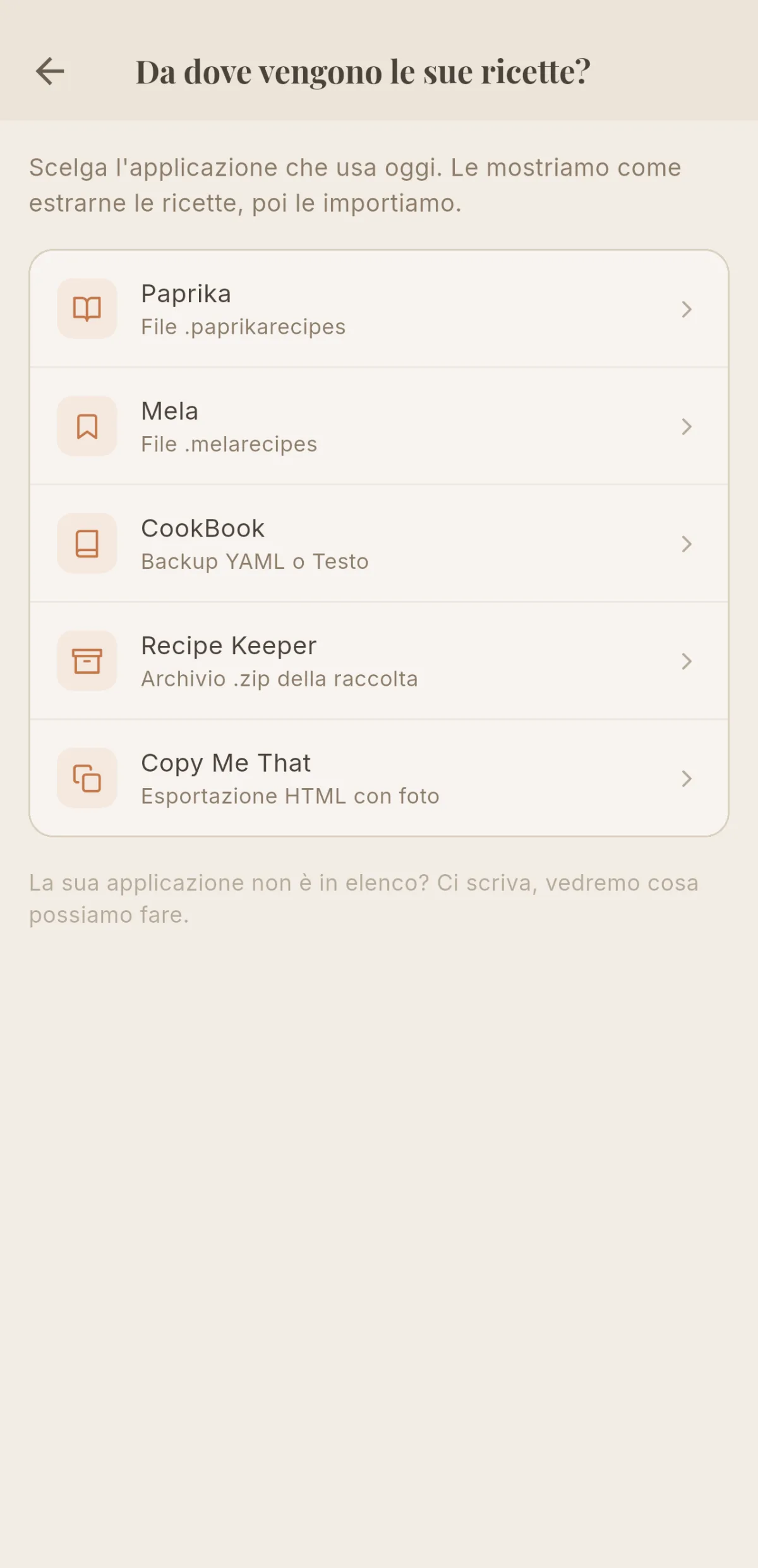 Elenco delle applicazioni da cui importare, con Copy Me That in ultima posizione
