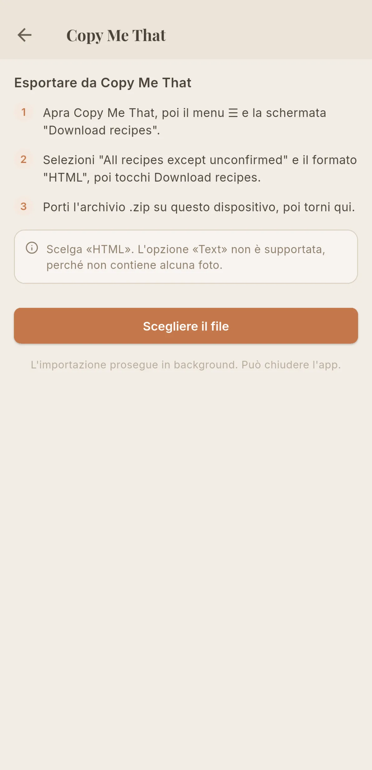 Schermata Copy Me That di Cookfolio, con i tre passaggi di esportazione e il promemoria sul formato HTML