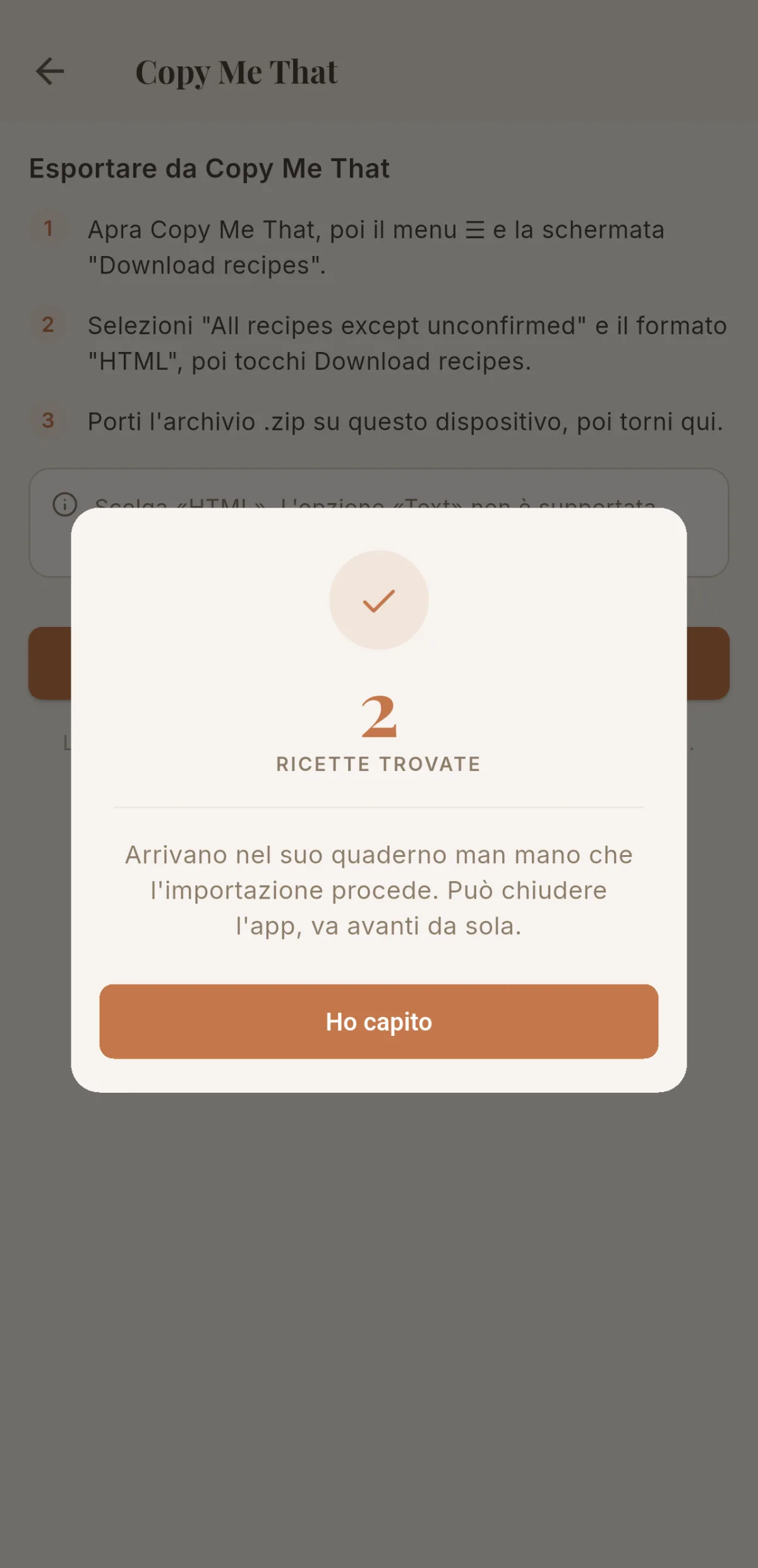 Conferma delle ricette trovate dopo la scelta del file