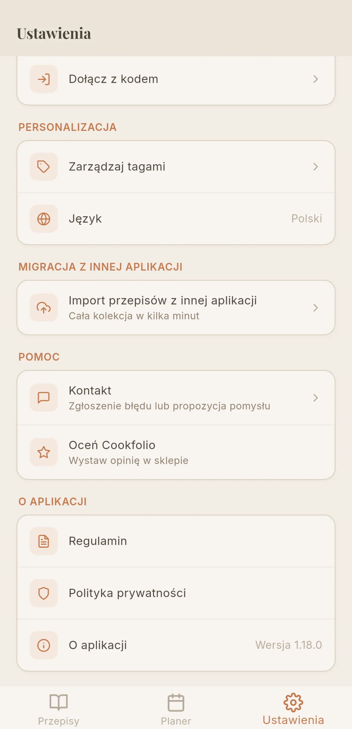 Kafelek „Import przepisów z innej aplikacji” w ustawieniach Cookfolio