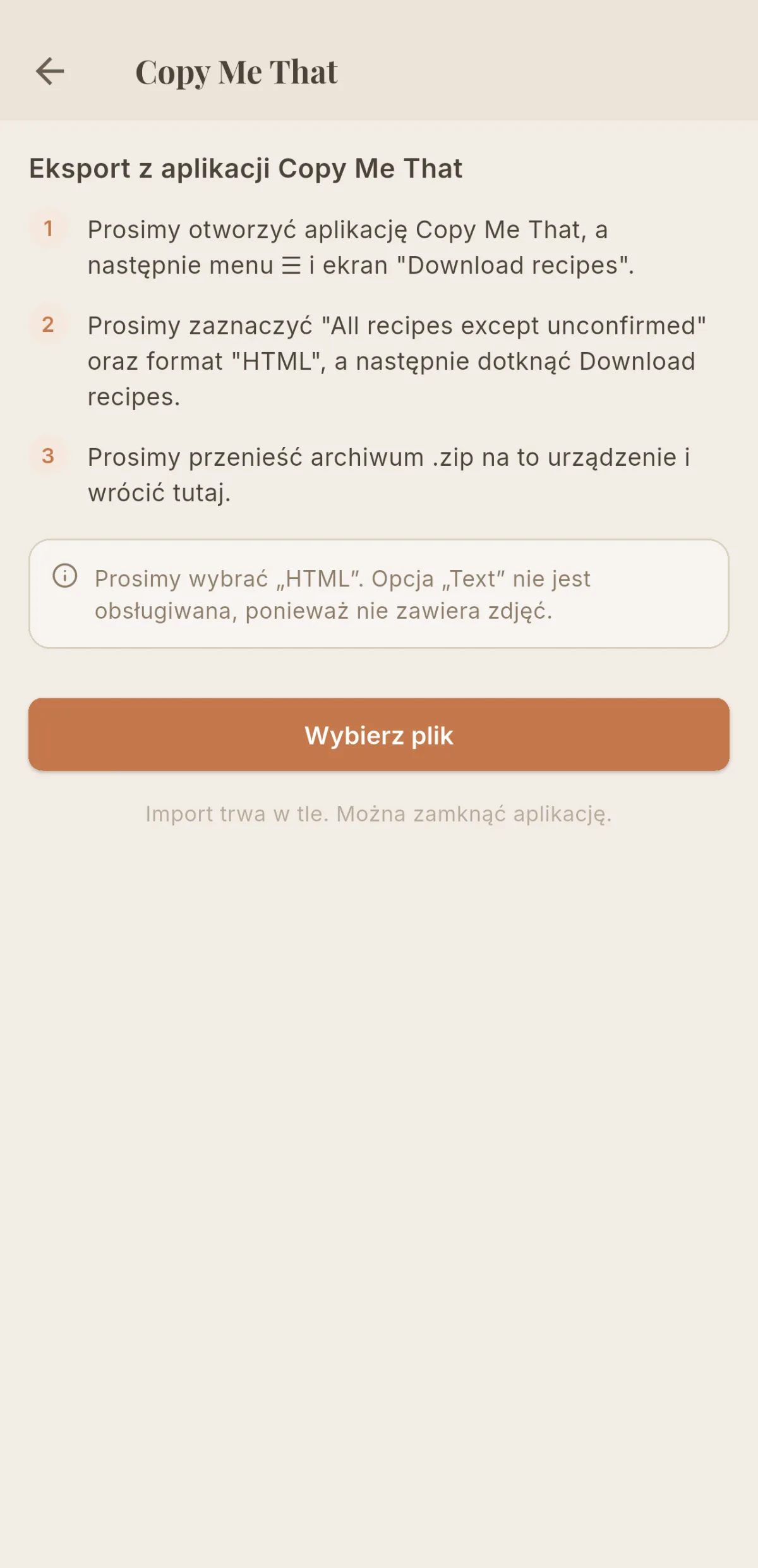 Ekran Copy Me That w Cookfolio z trzema krokami eksportu i przypomnieniem o formacie HTML