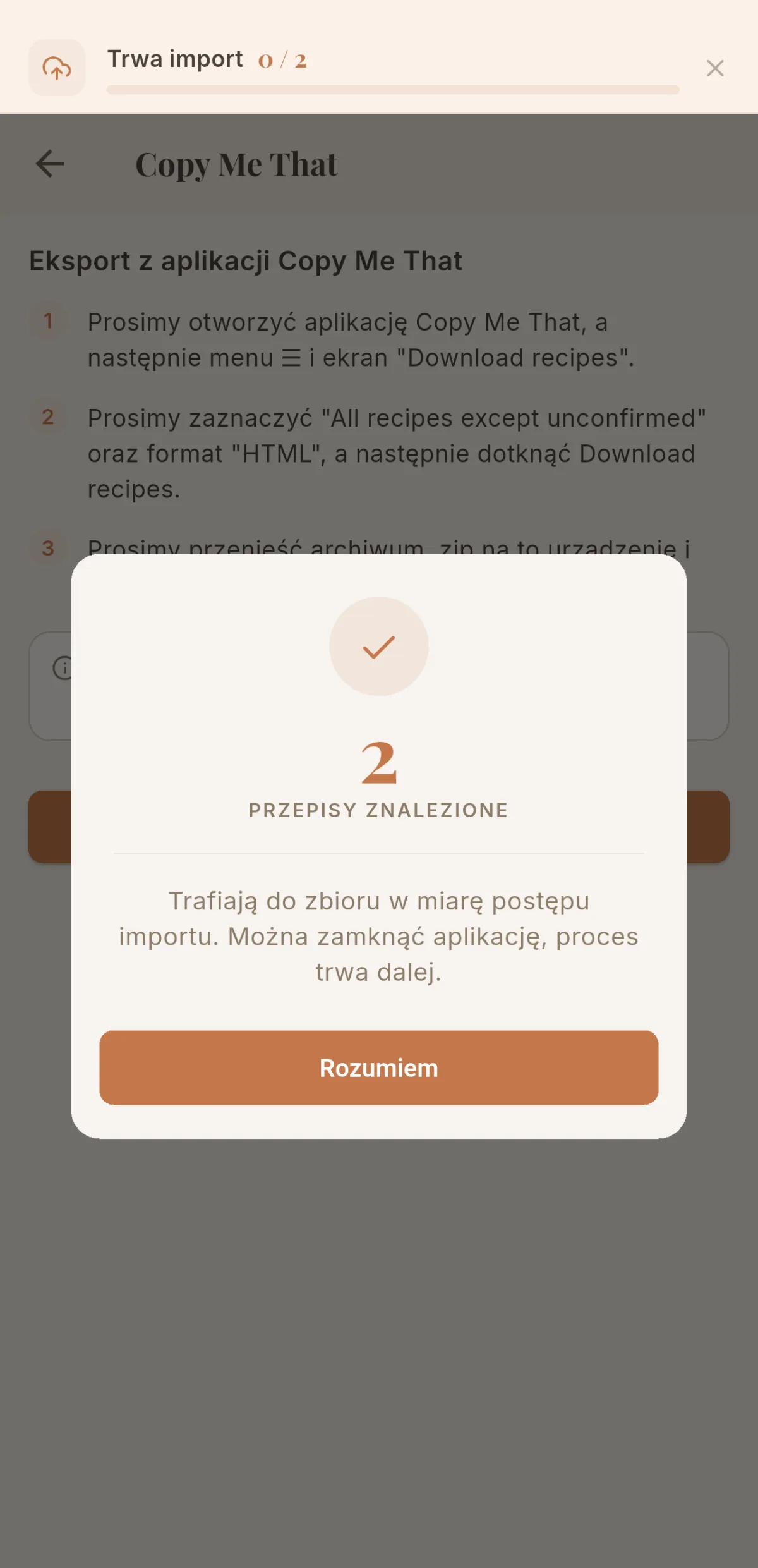 Potwierdzenie znalezionych przepisów i pasek postępu importu