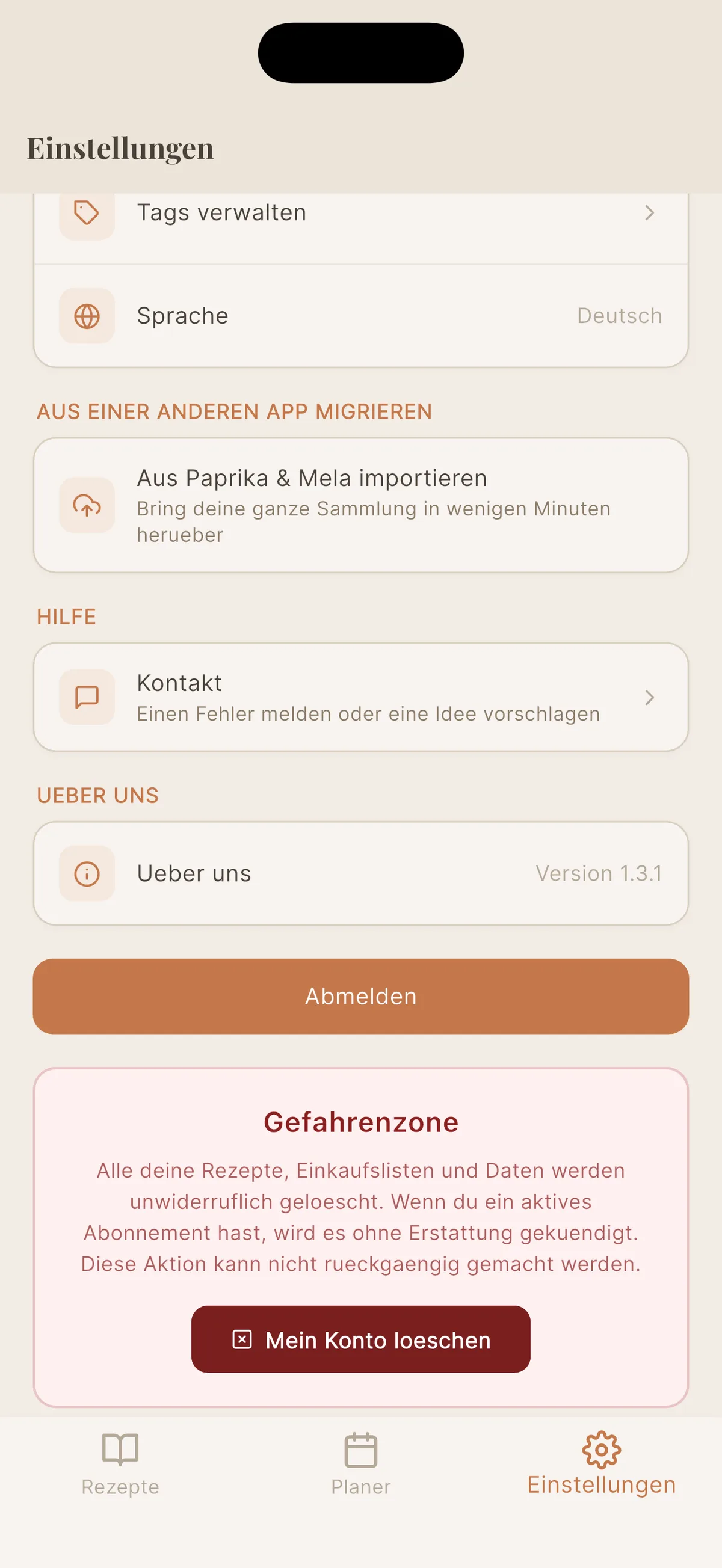 Aus Paprika importieren in den Cookfolio-Einstellungen