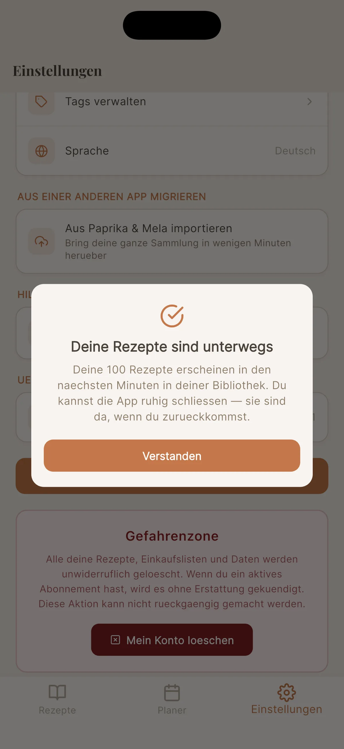 Bestätigung des Paprika-Imports in Cookfolio