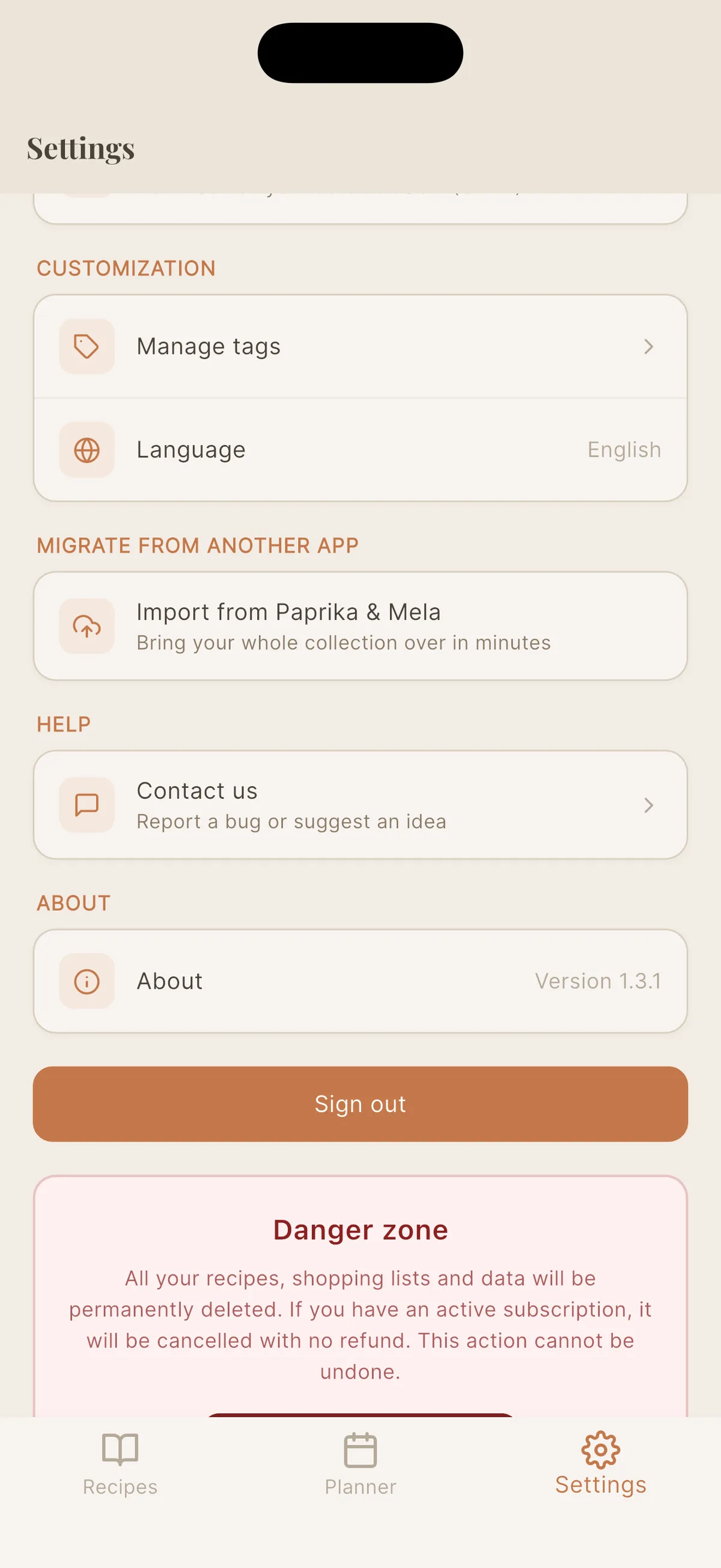 Import from Paprika tile in Cookfolio settings
