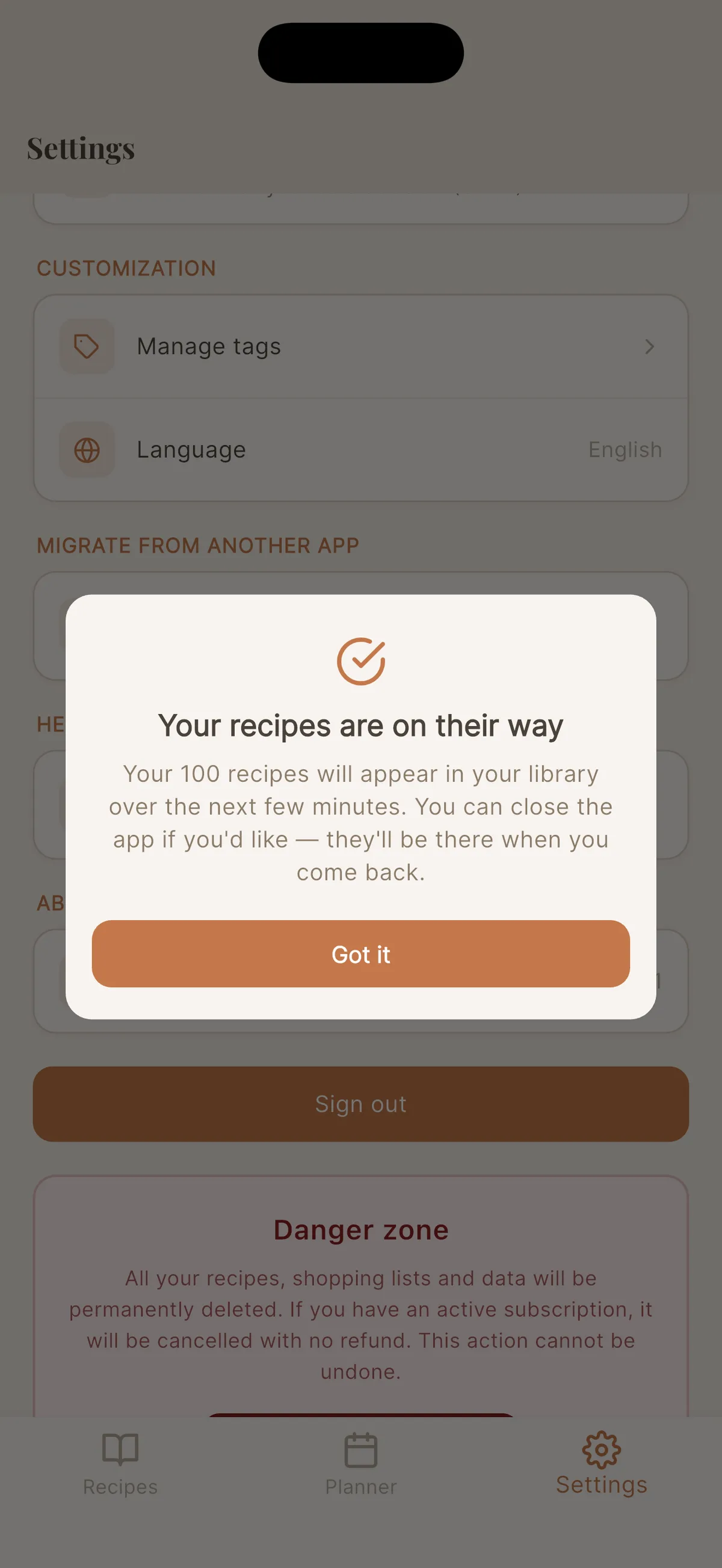 Paprika import confirmation in Cookfolio