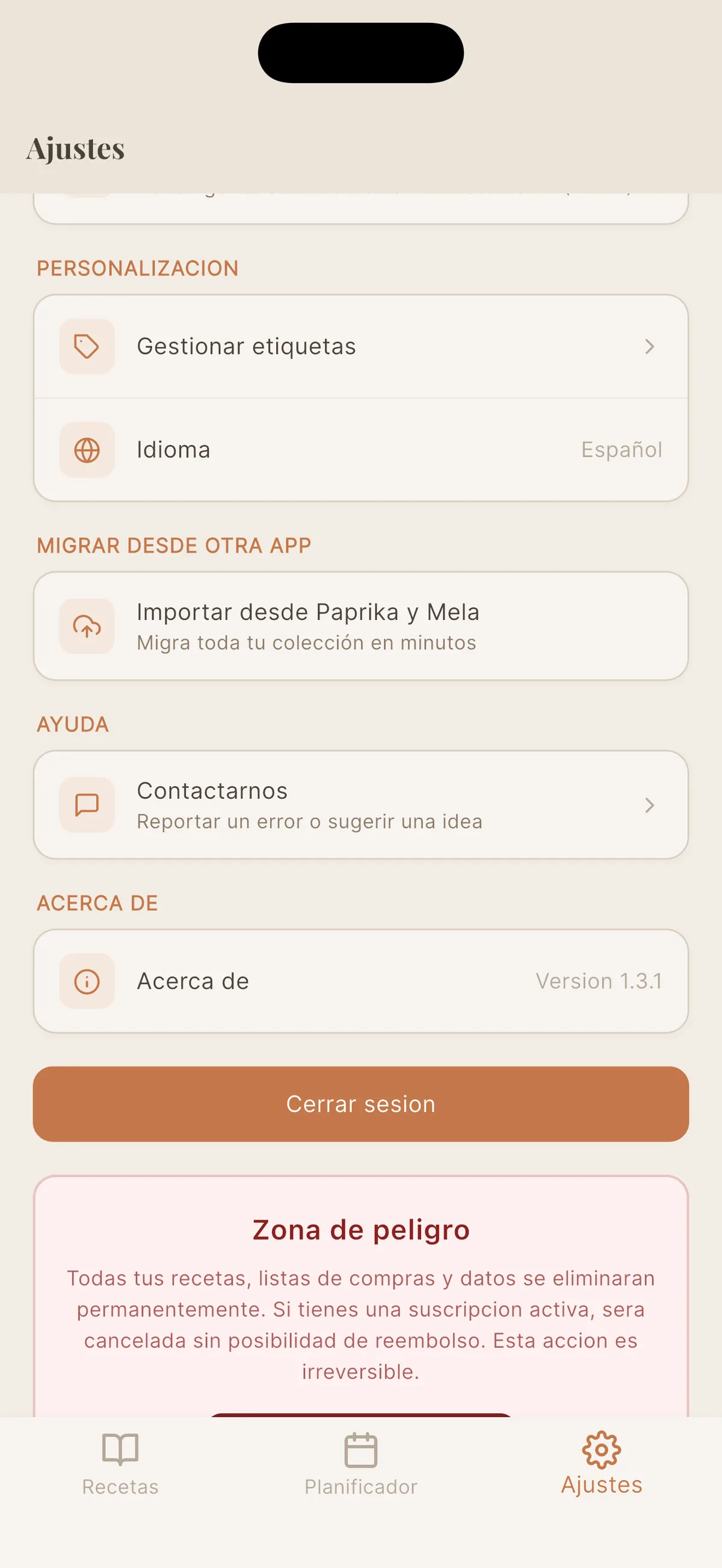 Tile Importar desde Paprika en los ajustes de Cookfolio