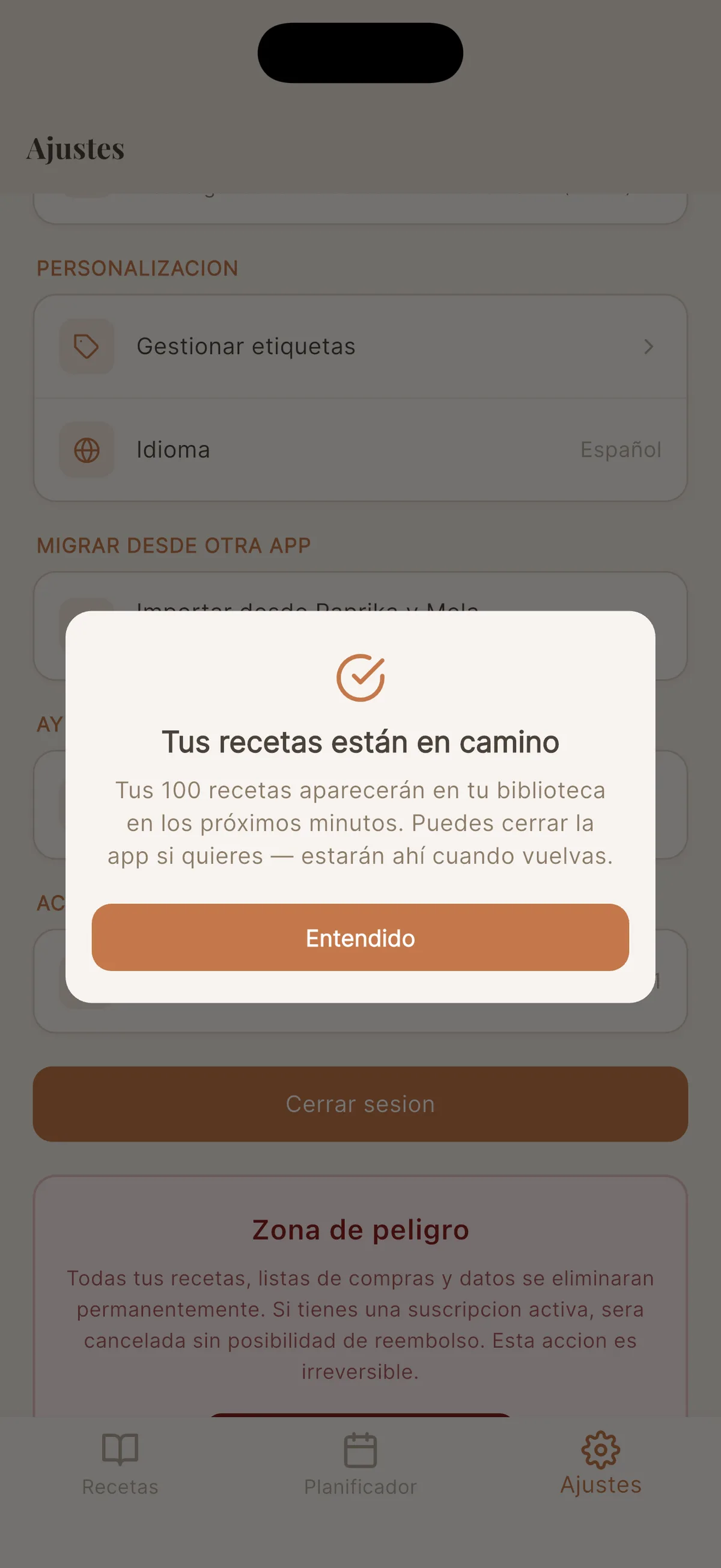 Confirmación de importación de Paprika en Cookfolio