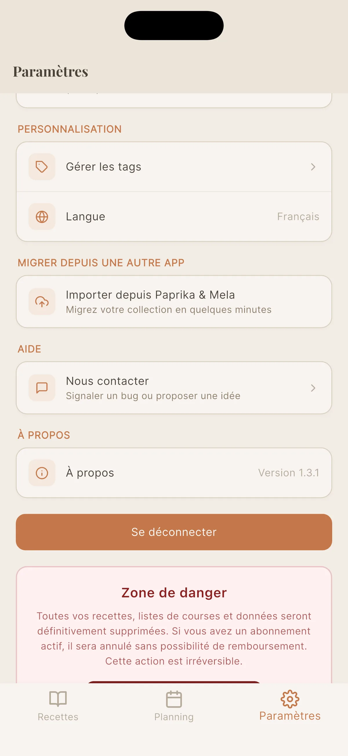 Tile Importer depuis Paprika dans les paramètres Cookfolio