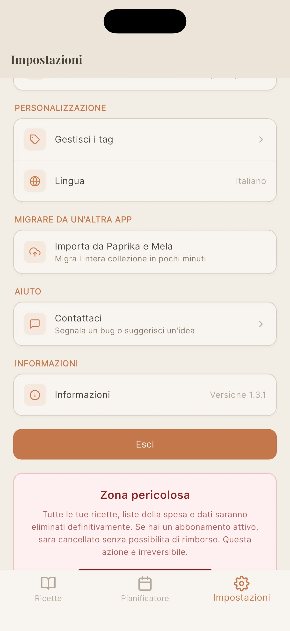 Tile Importa da Paprika nelle impostazioni di Cookfolio