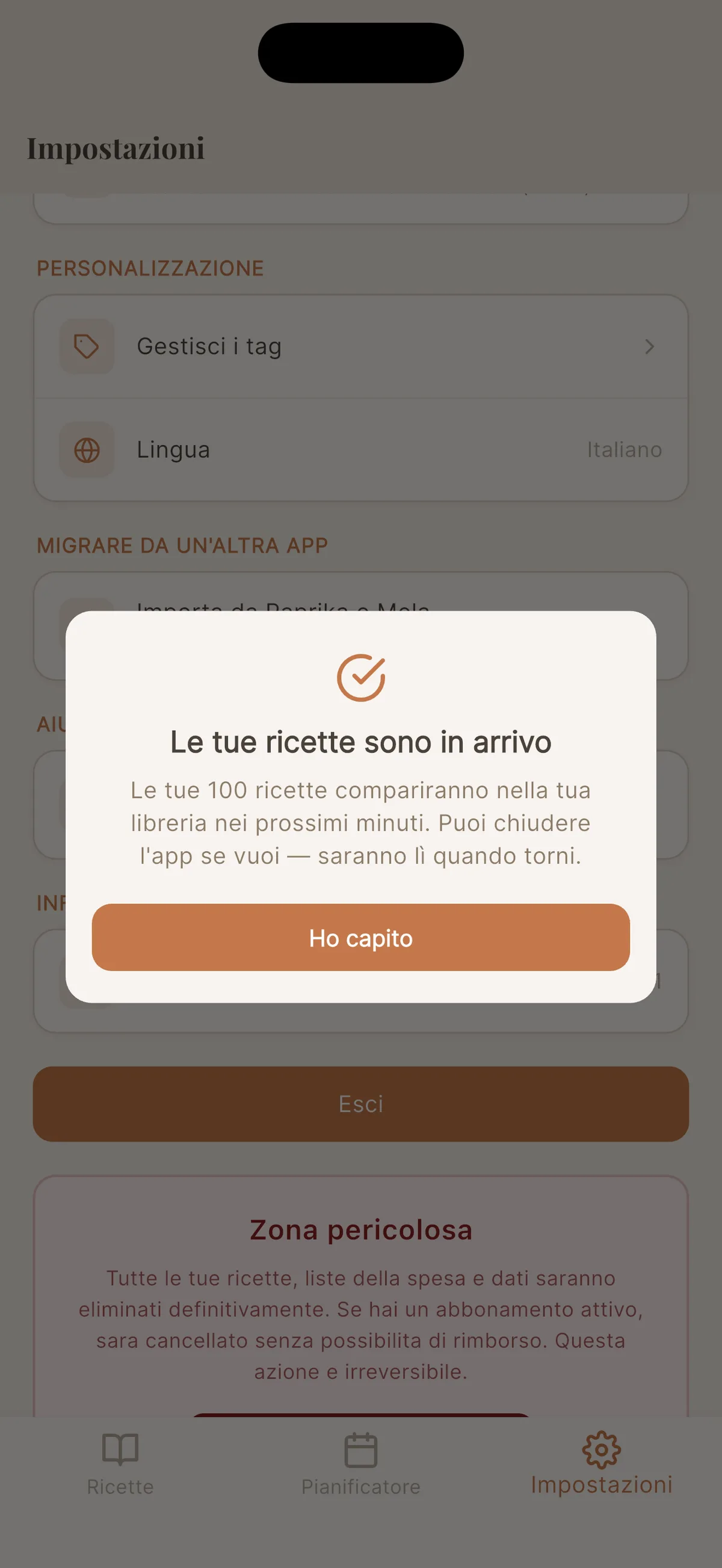 Conferma di importazione Paprika in Cookfolio
