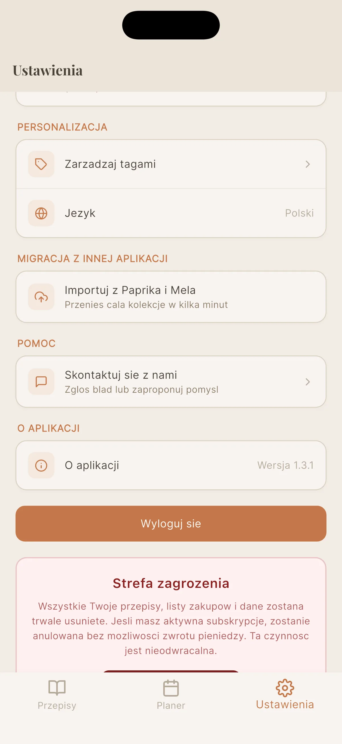 Kafelek Importuj z Paprika w ustawieniach Cookfolio