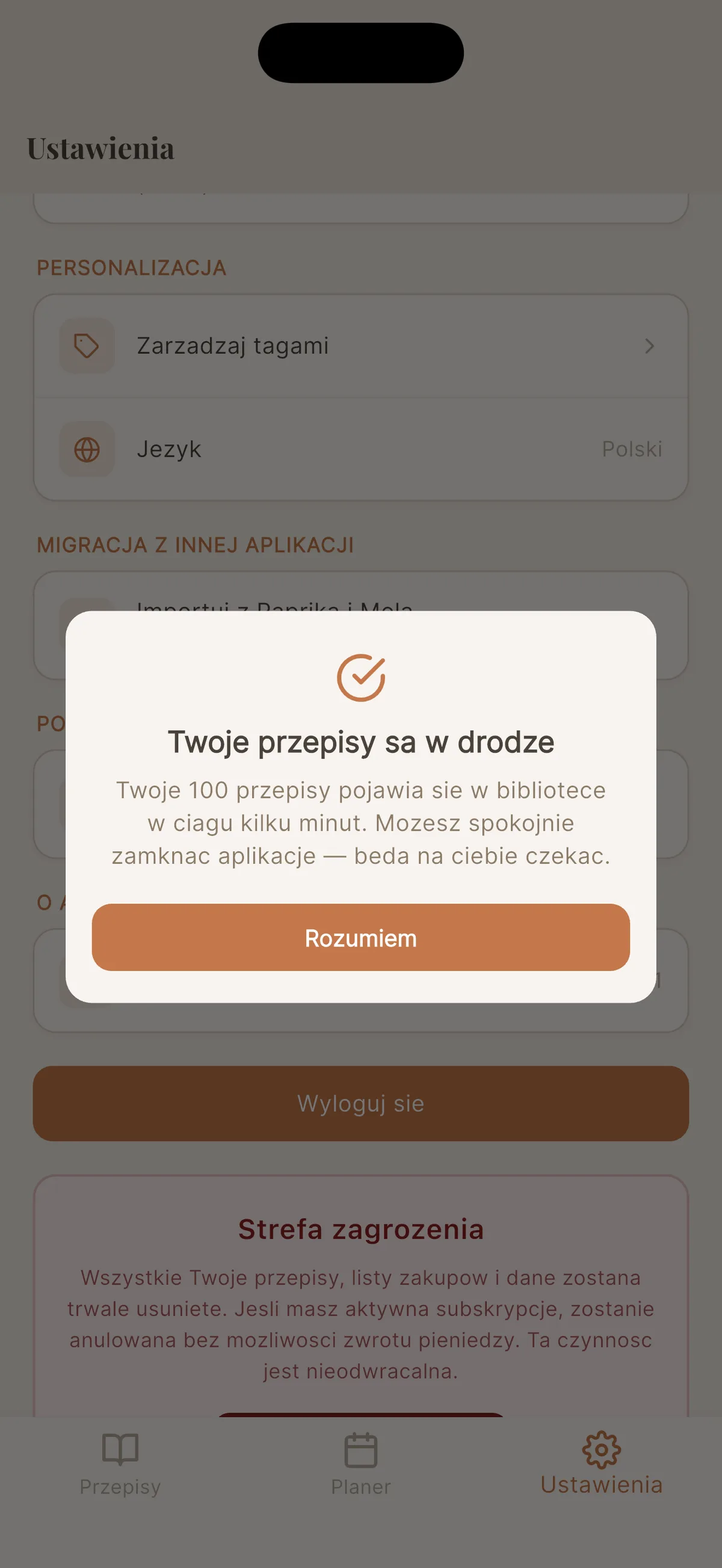 Potwierdzenie importu z Paprika w Cookfolio