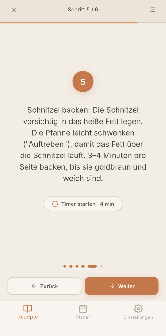 Der Kochmodus von Cookfolio zeigt einen Schritt groß mit einem Timer.
