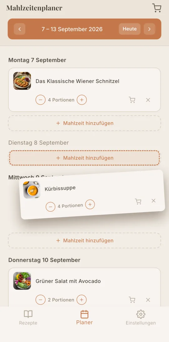 Der Wochenplaner von Cookfolio mit den Mahlzeiten pro Tag.