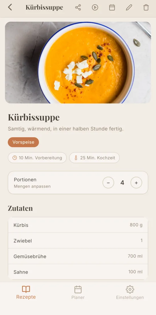 Die Seite eines Rezepts in Cookfolio mit der Portionseinstellung.