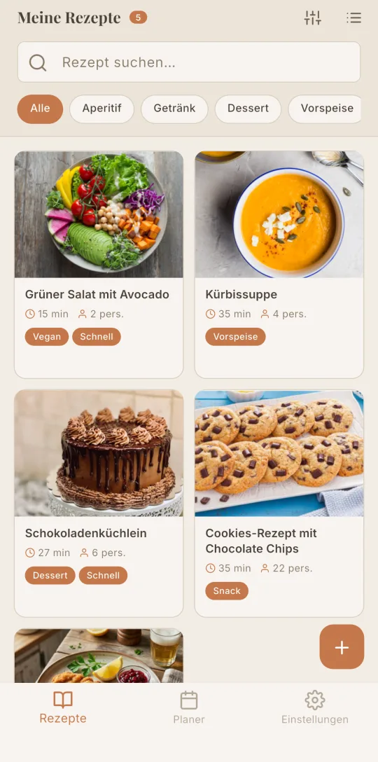 Die Rezeptliste von Cookfolio mit Suche und Kategoriefiltern.