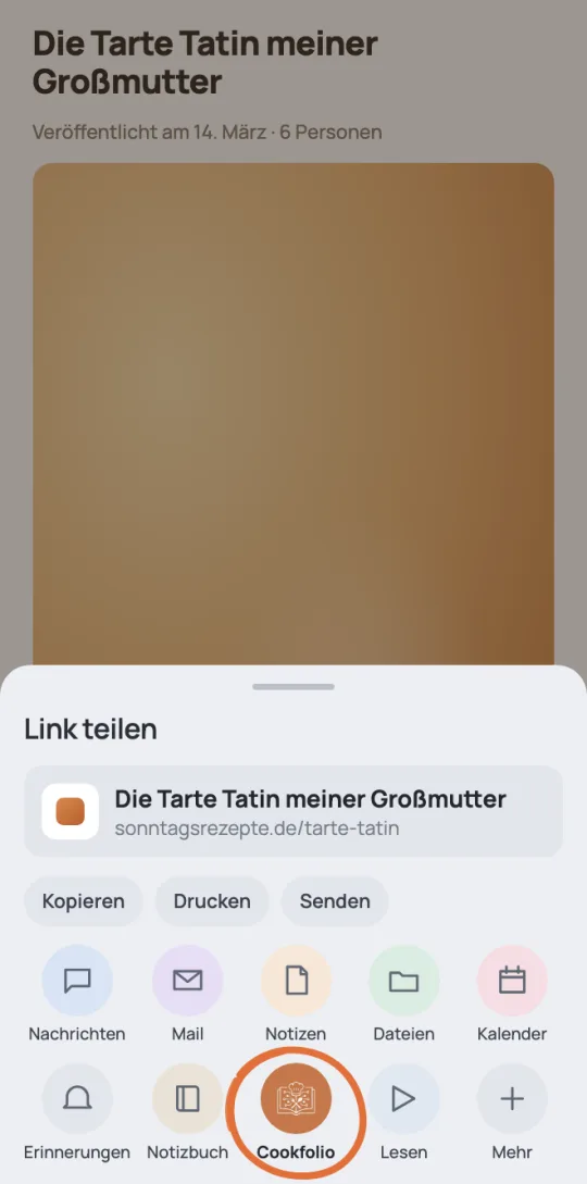 Das Teilen-Menü eines Telefons, mit eingekreistem Cookfolio zwischen den Apps.