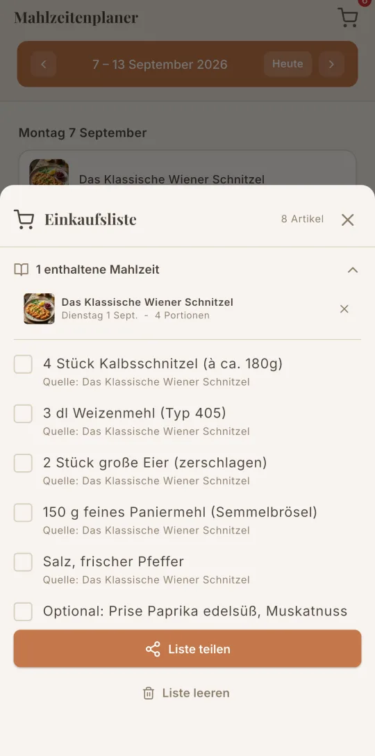 Die Einkaufsliste von Cookfolio, aus den geplanten Mahlzeiten erstellt.
