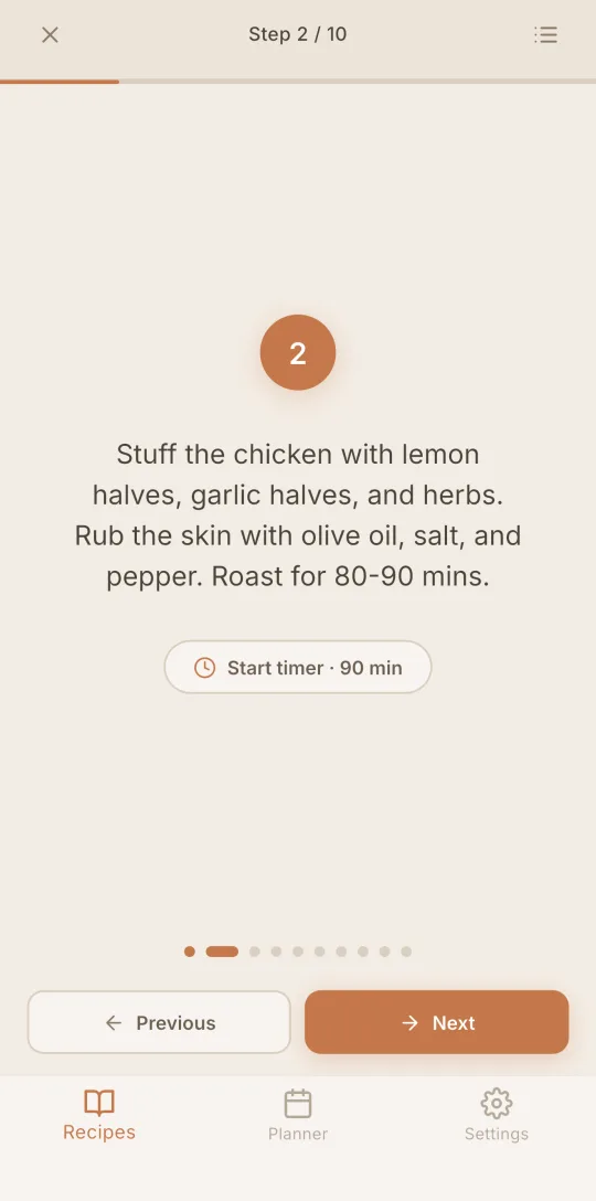 Cookfolio's cooking mode showing one step in large type with a timer.