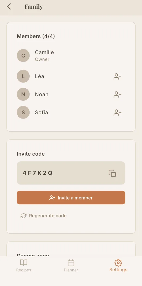 Cookfolio's Family screen: household members and the invite code.