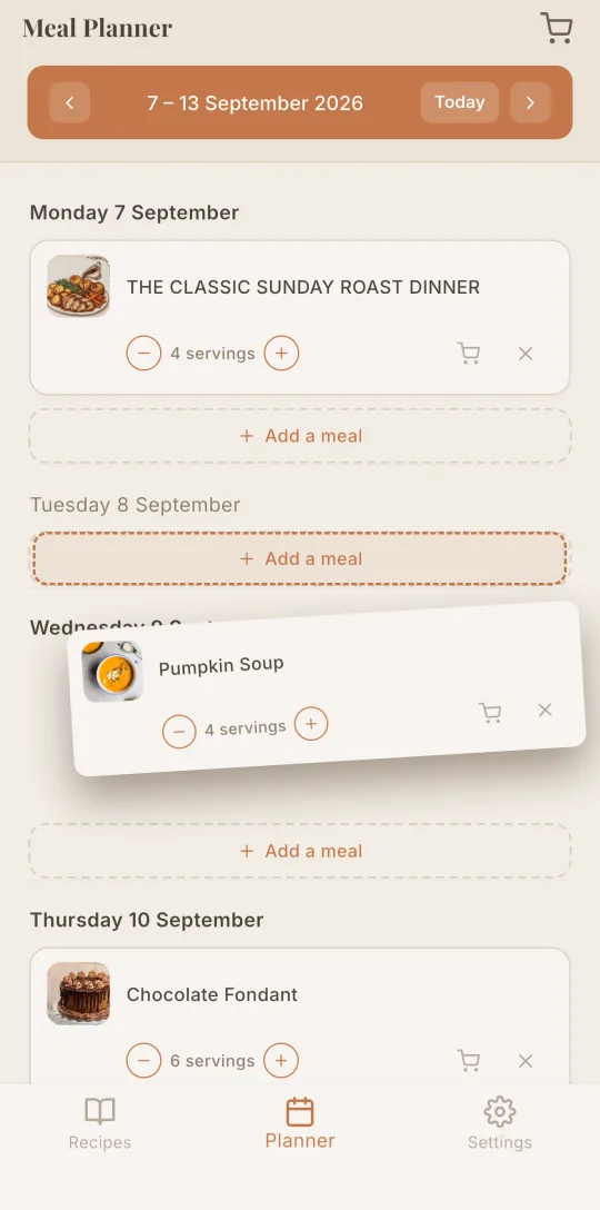 Cookfolio's weekly planner with meals by day.