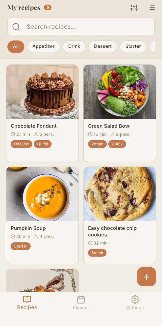 Cookfolio's recipe list with search and category filters.