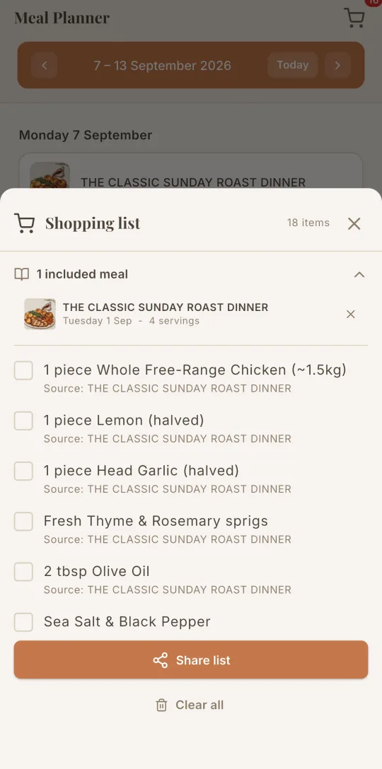 Cookfolio's shopping list, generated from the planned meals.
