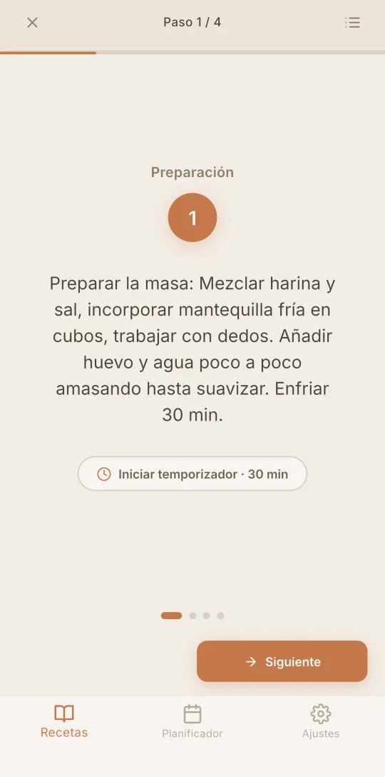 El modo cocina de Cookfolio mostrando un paso en grande con un temporizador.