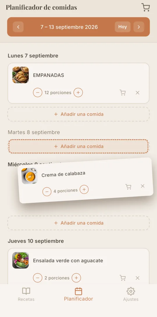 El planificador semanal de Cookfolio con las comidas por día.