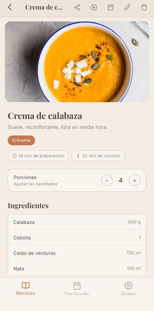 La ficha de una receta en Cookfolio con el ajuste de raciones.